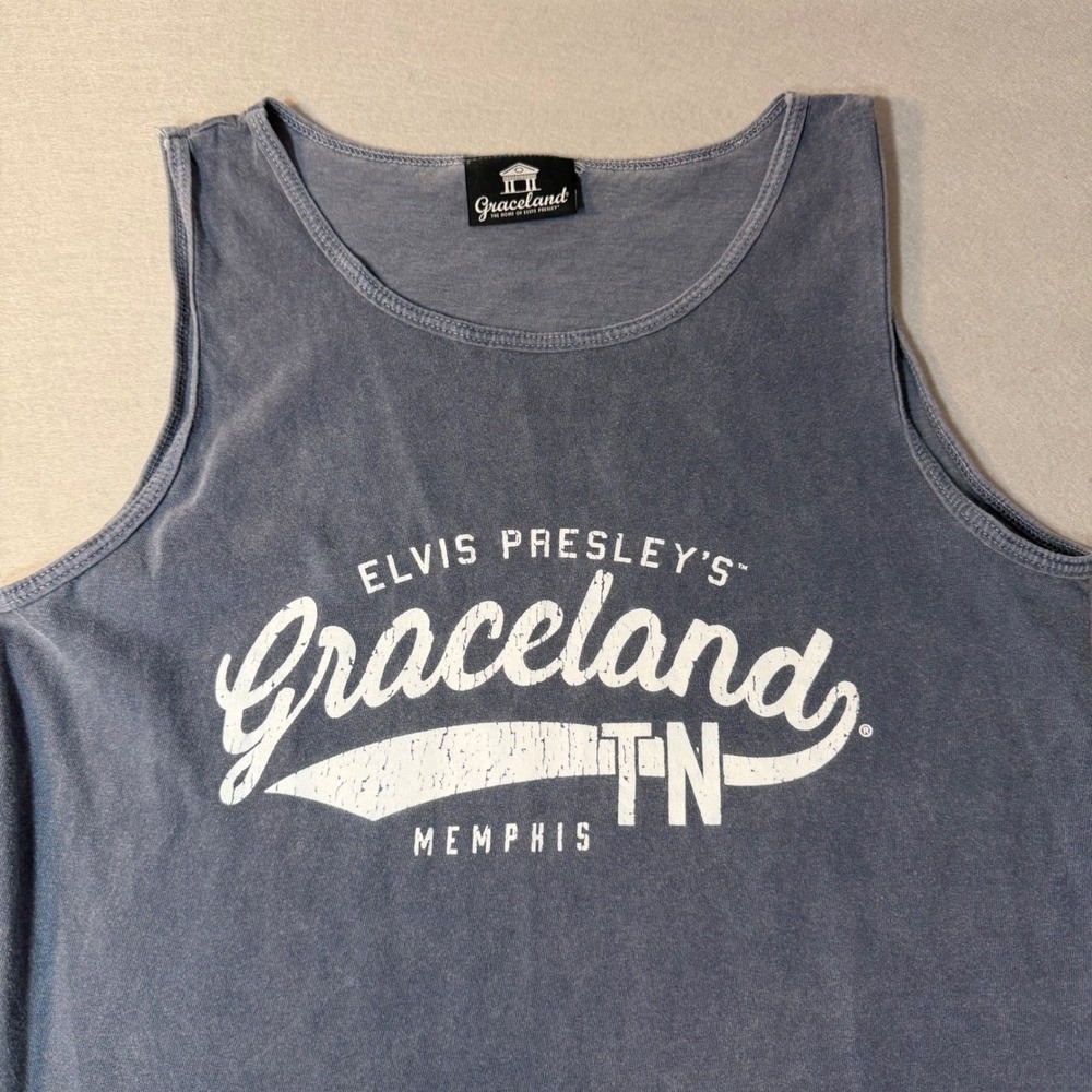 Graceland Elvis Presley Memphis TN Graphic Muscle Tank Blue Mineral Wash Small‎